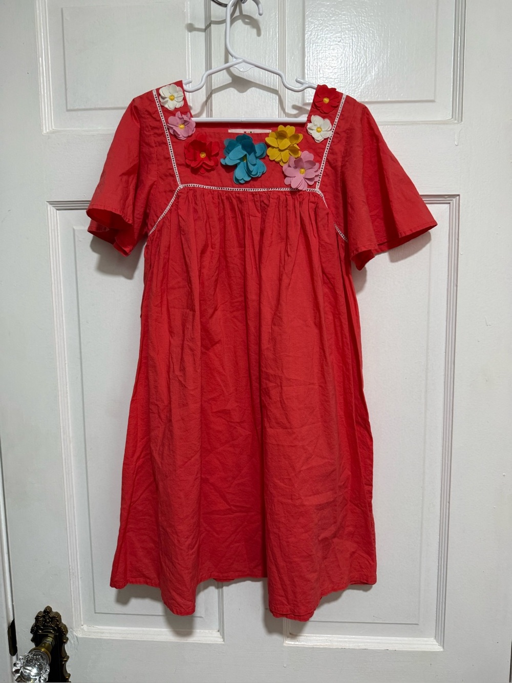 Girls 9-10 Size Mini Boden Pink Orange Flower Dress Short Sleeve Summer Spring